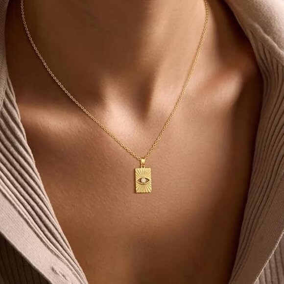 Neiman Marcus 14K Gold Plated Evil Eye Square Gold Necklace - Picture 2 of 5